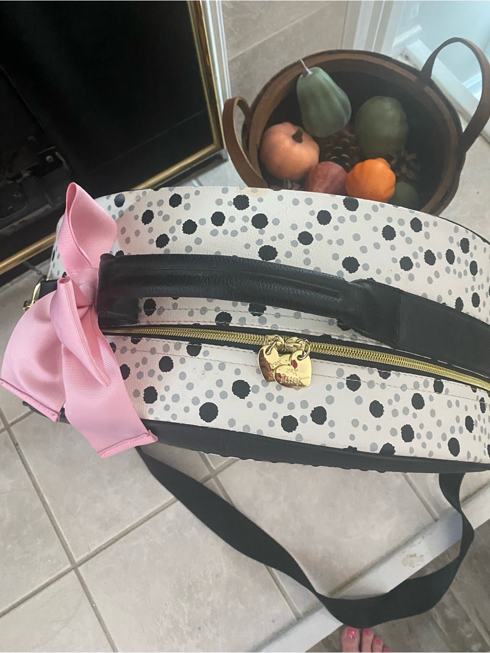 Betsey Johnson Black & White Stripe Dome Travel Bag with Pink Floral Accents - Picture 2 of 9